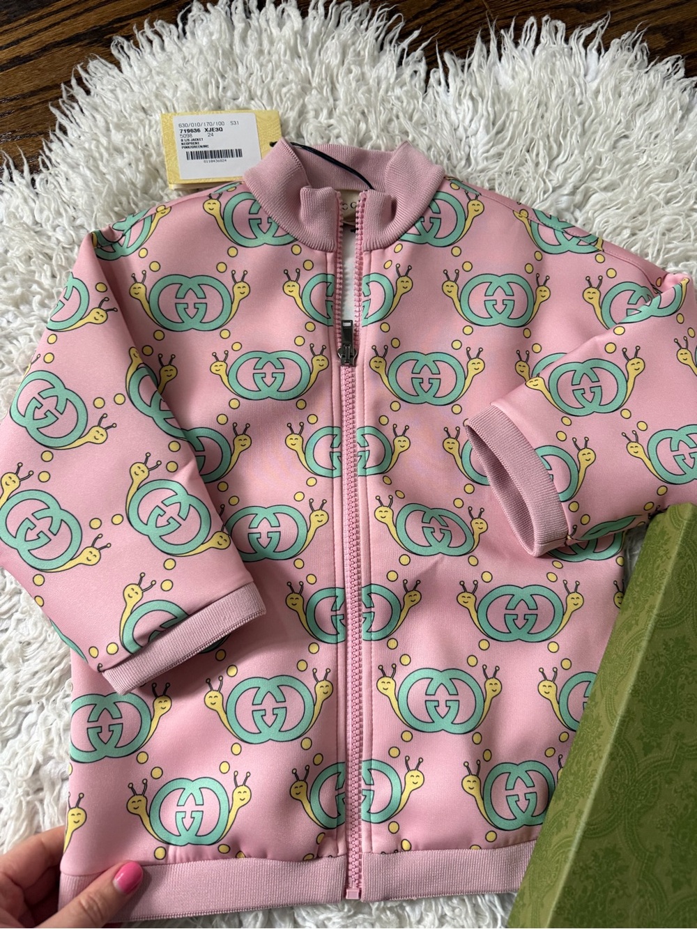 Gucci Pink Jacket with Green & Yellow Logo Snail Print